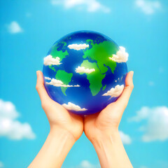 Holding Earth in Hands, Conveying Messages of Cherishing, Caring, and Eco Awareness