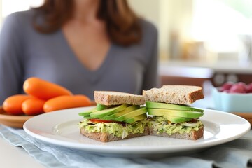 avocado sandwich on plate with a woman in the background