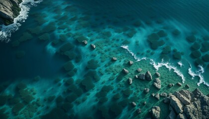 Fototapeta na wymiar Aerial view of rocky coastline with turquoise sea water.