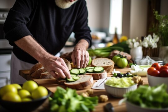 man arranging avocado slices on bread