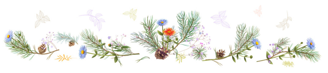 Fototapeta premium Horizontal panoramic border with pine branches, cones, needles, blue daisy flowers on white background. Realistic digital Christmas tree in watercolor style. Botanical illustration for design, vector
