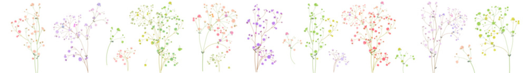 Panoramic horizontal pattern with delicate twigs of gypsophile. Pink, white, blue, green tiny little flowers, small leaves. Branches for bouquets. Botanical illustration in watercolor style, vector