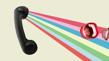 Female lips talking retro phone on light background. Information, news. Modern colorful design. Stop motion, animation. Concept of creativity, inspiration, surrealism, communication