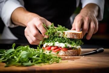 a cook meticulously placing fresh herbs on a sandwich