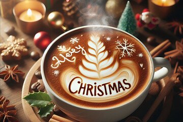 A CUP OF CAPPUCCINO ON CHRISTMAS, LATTE ART