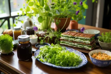 Foto auf Acrylglas beijing setting with hand-made sandwich and microgreens spread © primopiano
