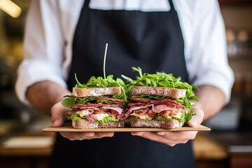 a deli worker presenting a beautifully decorated sandwich with fresh herbs - obrazy, fototapety, plakaty