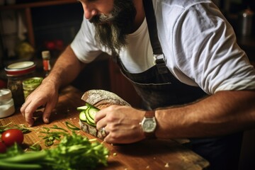 a man carefully arranging slice of pickles on homemade sandwich