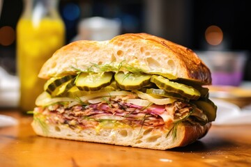 closeup shot of an artistically crafted sandwich with pickles in a bakery