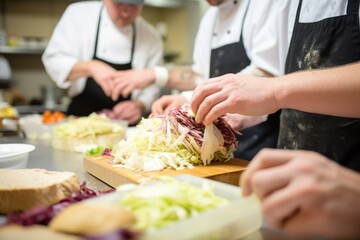 looking over chefs shoulder as they assemble a sandwich with sauerkraut - obrazy, fototapety, plakaty