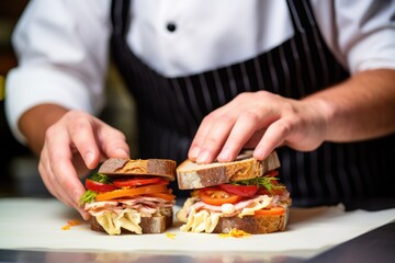 a restaurant chef placing spicy mayo on freshly made sandwiches