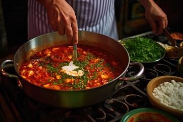 man stirring ingredients in a pan for shakshuka
