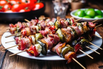 skewers of brussels sprouts wrapped in bacon on a plate at a party