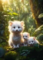 Fototapeta na wymiar Ultra beautiful little white furry creatures with their babies in a beautiful mystical jungle perfect clarity photorealistic high definition perfect quality 8k resolution