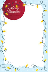 Vector Christmas template frame card with yellow Christmas lights and snowflakes. Text: Merry Christmas and Happy New Year. Size 2:3 (4:6). Transparent background. 