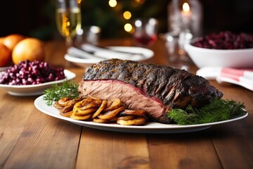 homemade smoked beef brisket on a dining table