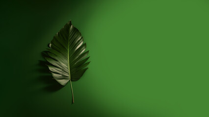 Palm leaf in green color on a solid green background. Studio. Isolated green background.