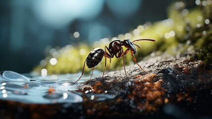 A macro shot of an ant drinking dewdrop on a rock surface