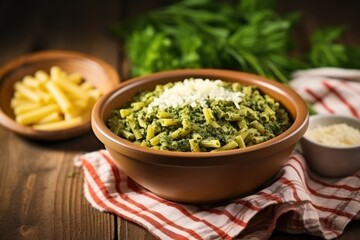 spelt pasta with pesto in a ceramic bowl on wooden table