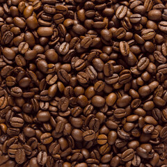 Roasted coffee beans. Top view of coffee. Copy space for text. 
