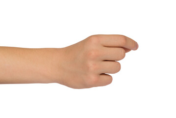 Male hand holds something with the index finger and thumb. PNG isolated on transparent background