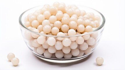 A picture of pearl tea or some call tapioca pearl used for boba tea on white background.