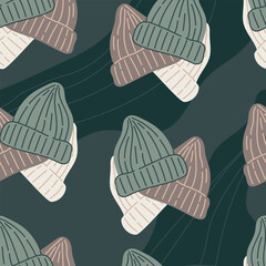 Vector seamless pattern, fashionable winter women knitted warm hats, flat style.