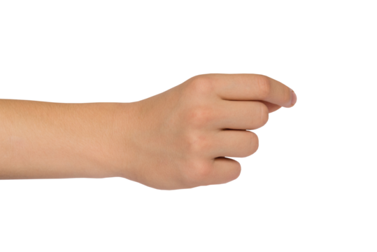 Male hand holds something with the index finger and thumb. PNG isolated on transparent background