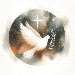 Dove of peace on the background of the night sky with stars. Watercolor illustration - obrazy, fototapety, plakaty