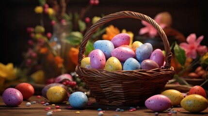 Fototapeta na wymiar A basket filled with colorful Easter eggs and chocolate bunnies