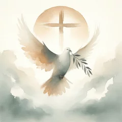 Fotobehang Watercolor illustration of a Christian cross with a dove of peace. © Faith Stock