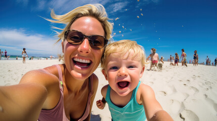 Fun weekend. smiling active red hair mother and kid in action cam taking selfie. Fish eyes view