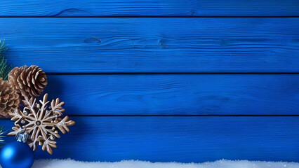 Fototapeta premium Christmas decoration on navy blue wooden planks with pine cones and ball. Illustration with copy space for design, template, backdrop. Xmas and New Year theme