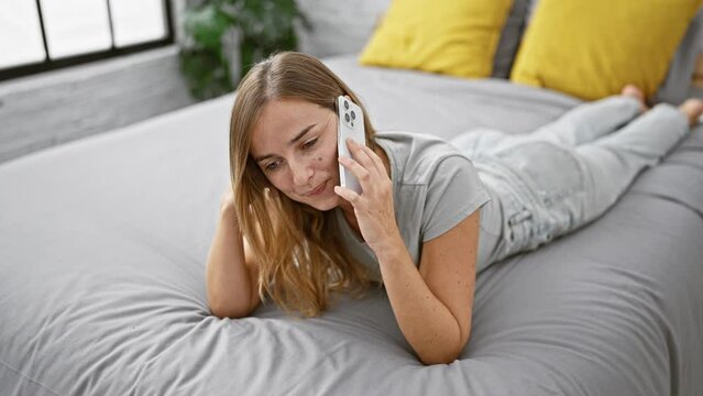 Confident, happy young blonde woman enjoying relaxed morning talk on phone, comfortably lying and smiling in bedroom, creating beautiful portrait amid cozy interior