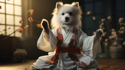 Funny dog in white kimono exercising karate.