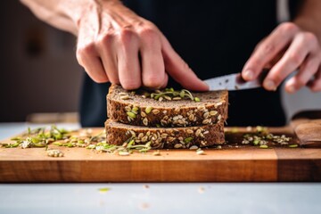 male buttering sprouted grain bread slice