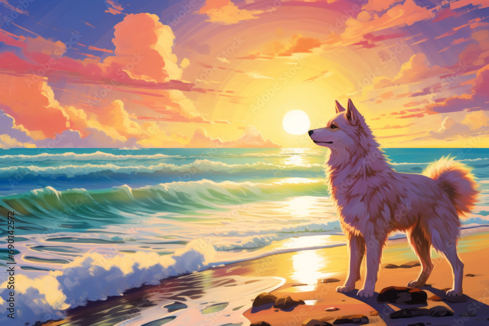 Poster Colorful drawing of beautiful white dog on the beach