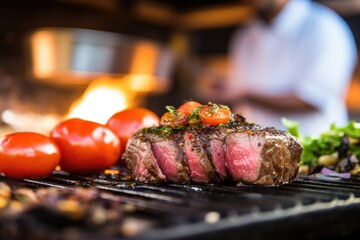 slice of juicy grilling steak with chef in backdrop - obrazy, fototapety, plakaty
