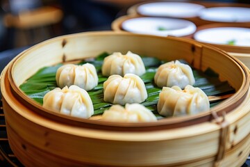 steamed dumplings in bamboo steamer at cafe