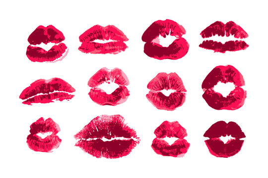 Female lips lipstick kiss print set. Woman lipstick red kiss marks, different shape prints. Vector Isolated on white