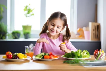Afwasbaar fotobehang child tasting colorful steamed vegetables © primopiano