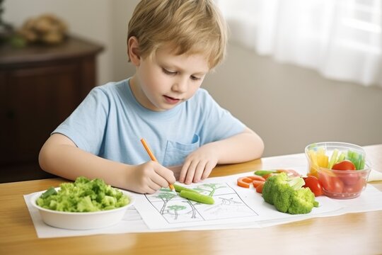 boy drawing a picture of his steamed veggie lunch