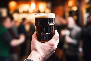 hand holding pint of stout with blurred crowd - obrazy, fototapety, plakaty