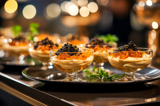 Array of gourmet appetizers with red and black caviar, served in elegant glassware on a sleek tray, illuminated by ambient lighting, indicative of an exclusive soiree or high-end catering events
