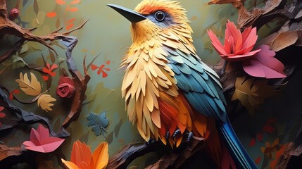Bright and colorful exotic birds in paper cut style illustrations. Craft art birds.