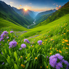 meadow with flowers and mountains - 690143973