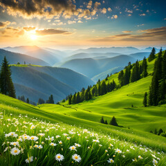 landscape with grass and mountains - 690143984