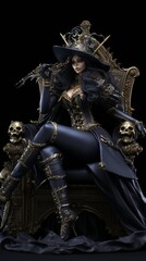 A captivating pirate queen, with eyes as deep as onyx, draped in midnight black and silver, ruling imperiously from a golden throne amidst a captivating bounty of treasures.