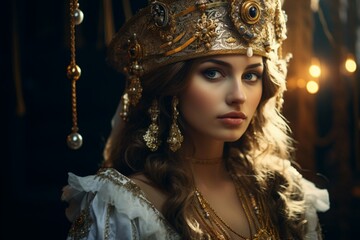 A bold female pirate captain, eyes sparkling like diamonds, adorned in pristine white and gold,...