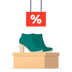 Shoe box with footwear. Stylish modern woman shoes on box, side view. The price tag with discount percent sign. Shoes sale in store. Vector illustration. - obrazy, fototapety, plakaty